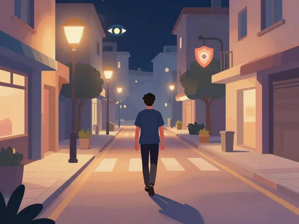 Personne dans rue éclairée et icônes vigilance sécurité quartiers à éviter à Blois