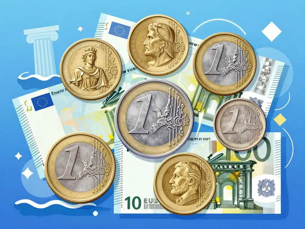 pièces et billets euro grec avec motifs nationaux