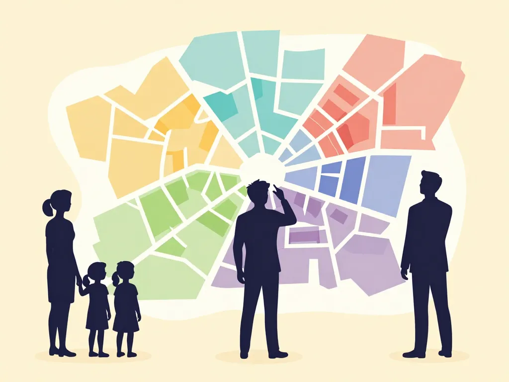 Silhouettes de famille, étudiant et investisseur devant carte des quartiers à éviter à Blois