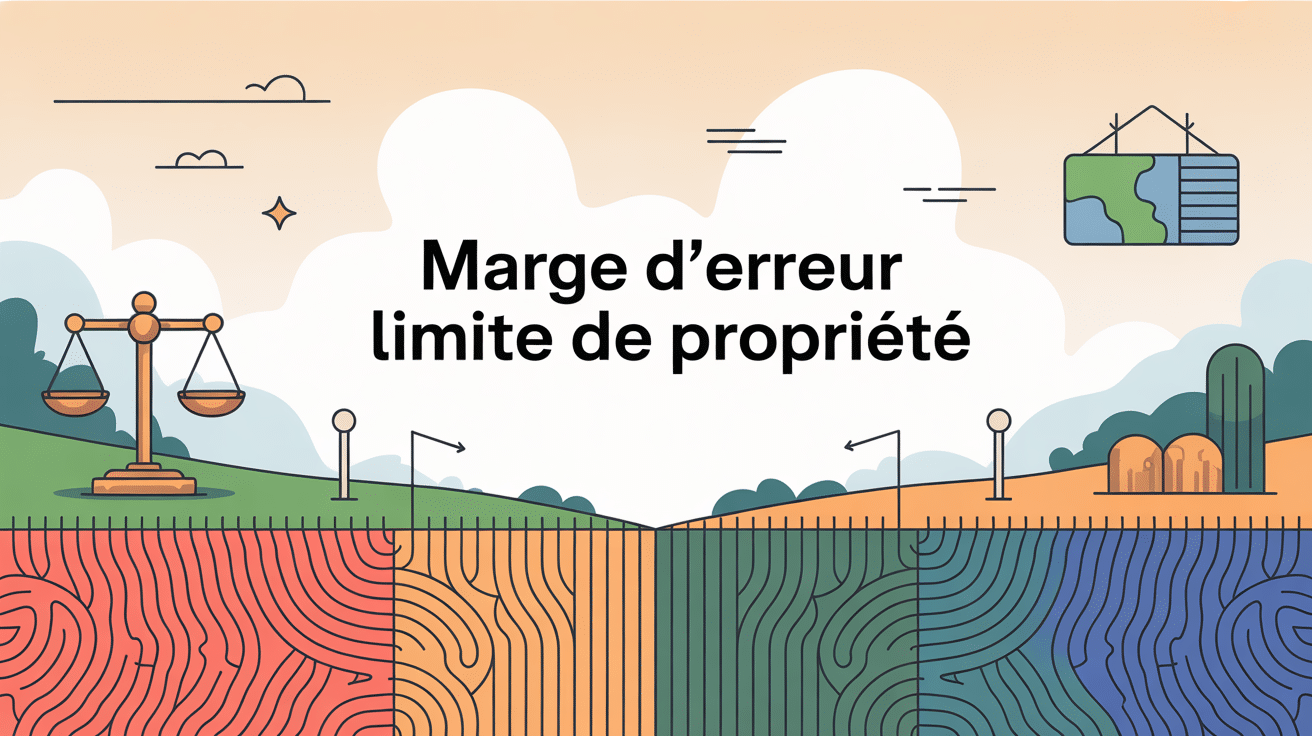 marge d'erreur limite de propriété, illustration vectorielle avec terrains, repères géomètre et symboles juridiques