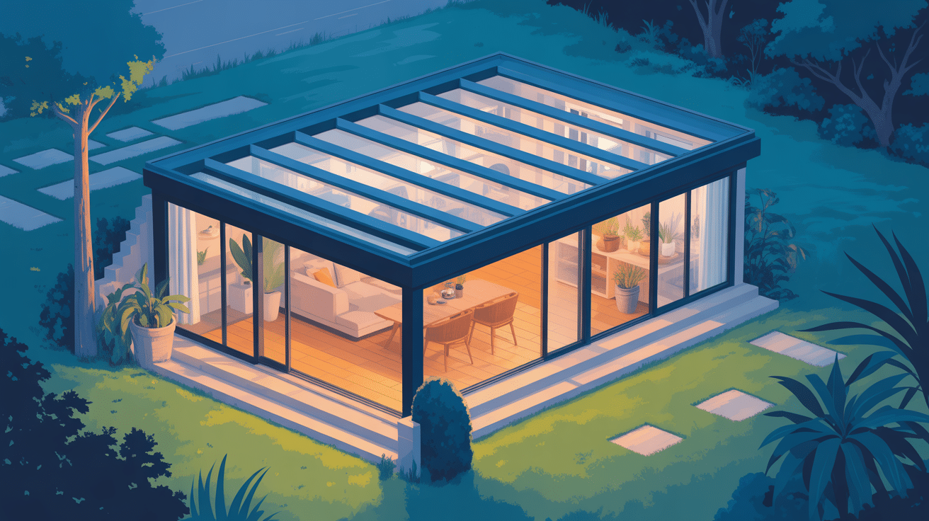 Volet roulant toiture véranda Bubendorff prix sur véranda moderne vue aérienne