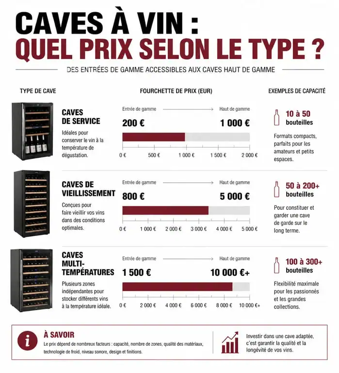Infographie des prix des caves à vin selon les types et capacités