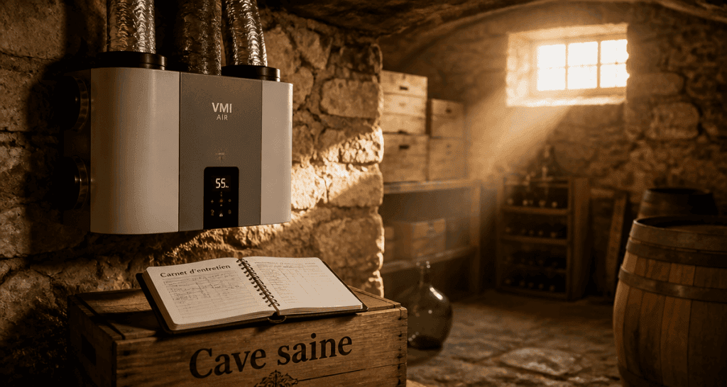 cave humide VMC sur mur pierre ancienne