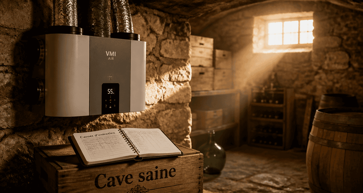 cave humide VMC sur mur pierre ancienne