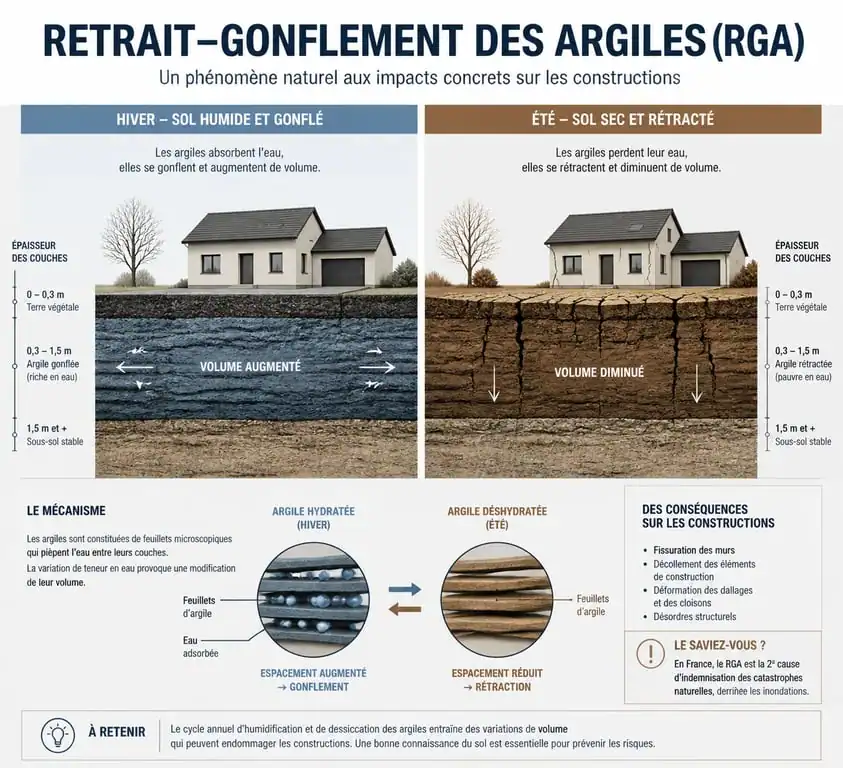 Schéma explicatif du phénomène de retrait-gonflement des argiles (RGA) sur un sol argileux
