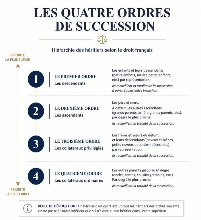 Schéma des quatre ordres de la dévolution successorale en France