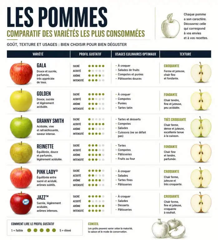 Infographie comparative des variétés de pommes les plus consommées en France