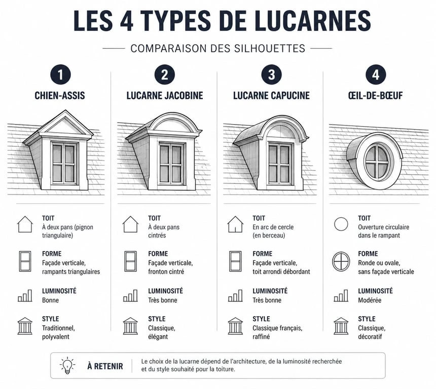 Comparatif visuel des différents types de lucarnes : chien-assis, jacobine, capucine et œil-de-bœuf pour maison.