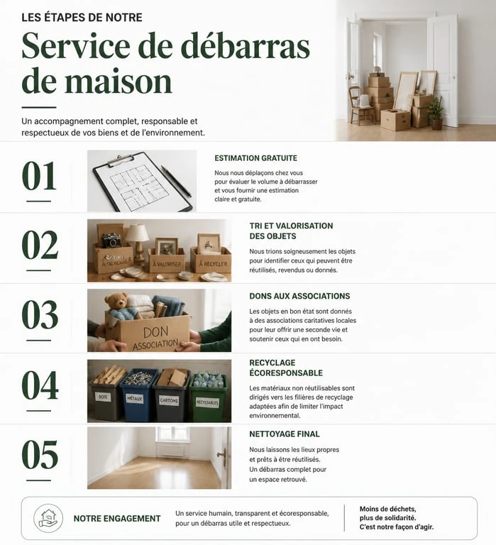 Infographie des étapes d'un service de vide maison professionnel au Mans