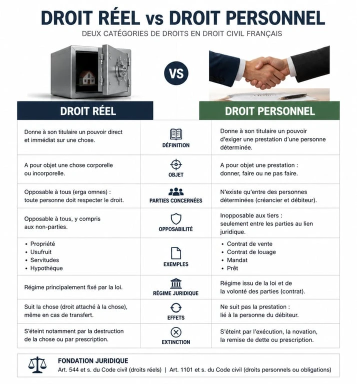 Infographie comparative : Droit réel vs Droit personnel en droit civil