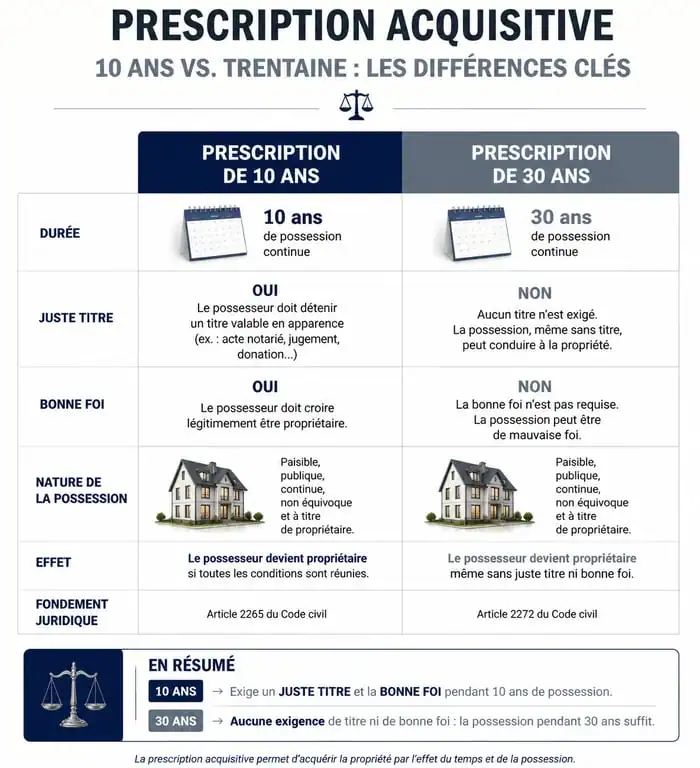 Tableau comparatif prescription acquisitive 10 ans et 30 ans