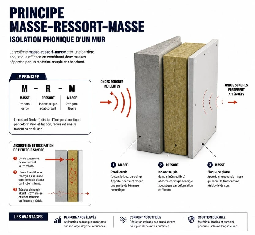 Schéma technique du principe masse-ressort-masse pour isoler phoniquement un mur mitoyen