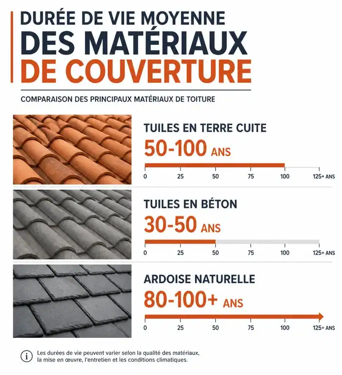 Comparatif durée de vie des tuiles en terre cuite, béton et ardoise