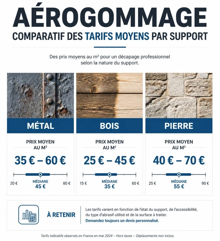 Graphique comparatif des prix de l'aérogommage au m2 par type de support