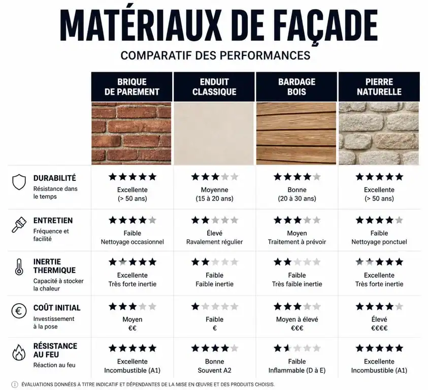 Comparatif des matériaux pour façade en brique, enduit, bois et pierre