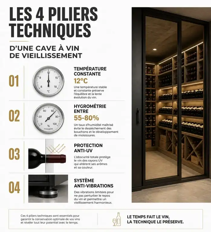 Infographie des critères techniques pour choisir la meilleure cave à vin de vieillissement