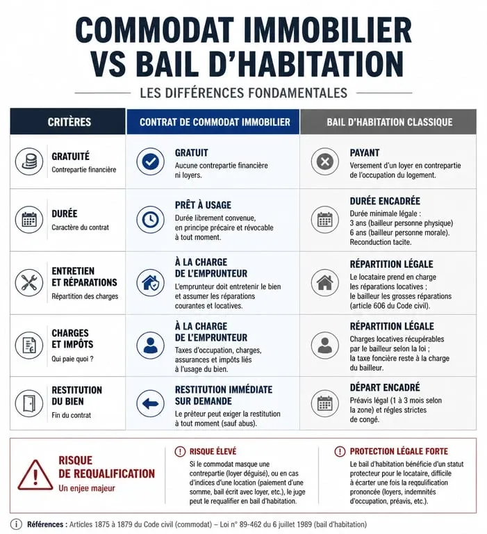 Tableau comparatif entre commodat immobilier et bail d'habitation pour comprendre les différences juridiques.