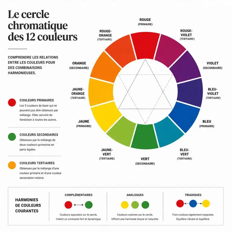 Cercle chromatique illustrant les 12 couleurs principales pour la théorie des couleurs