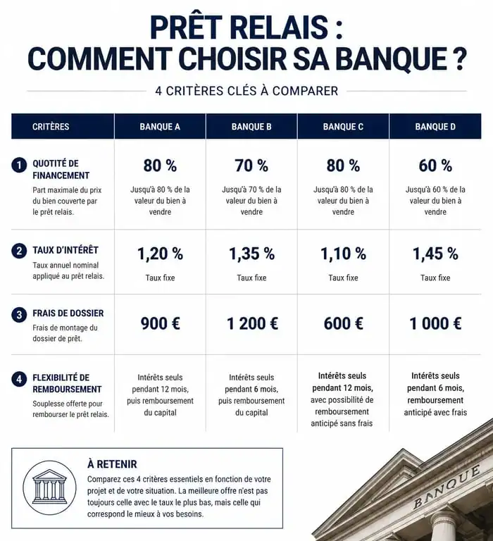 Infographie des critères de choix pour la meilleure banque de prêt relais