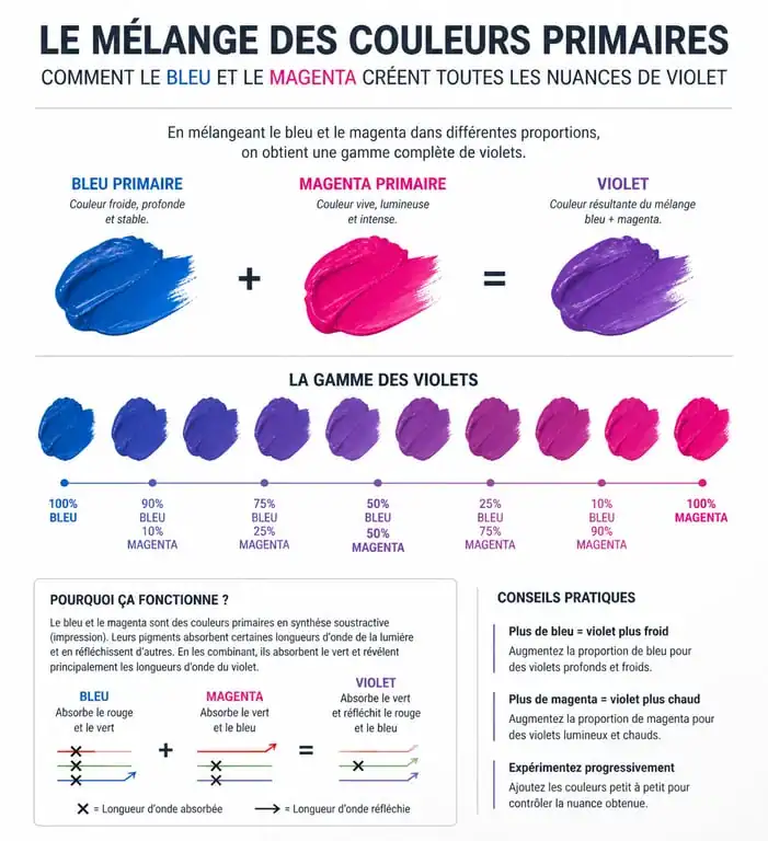 Infographie explicative du mélange bleu et rose pour obtenir du violet