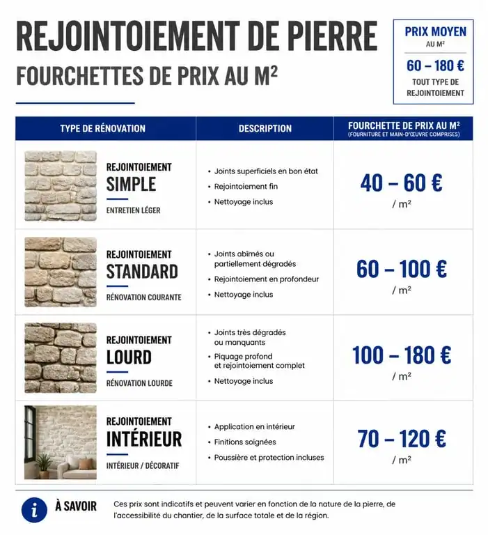 Infographie des prix au m2 pour le rejointoiement de pierre et rénovation de façade