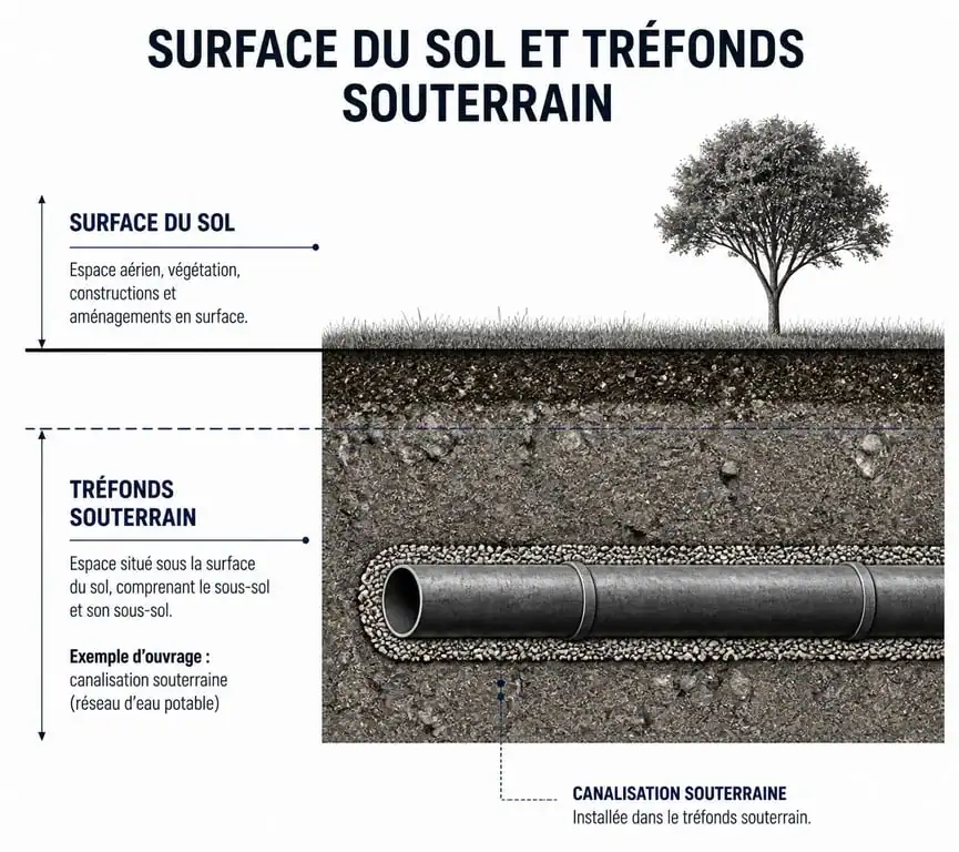 Schéma explicatif d'une servitude de tréfonds : distinction entre superficie et sous-sol