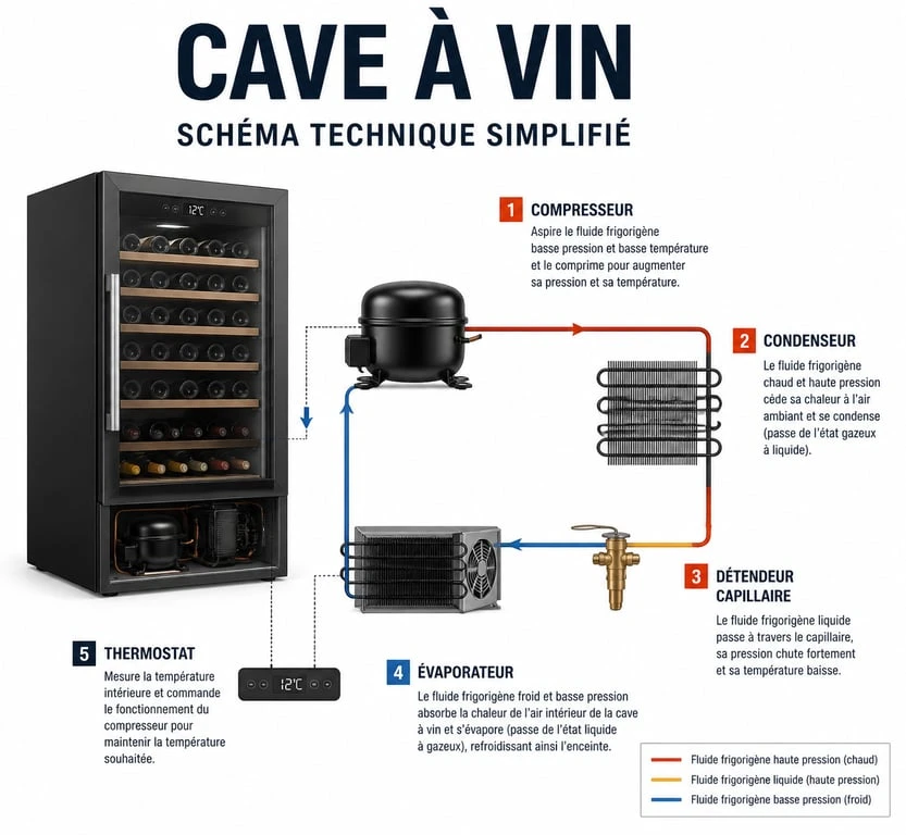 Schéma technique des composants d'une cave à vin pour diagnostic de température