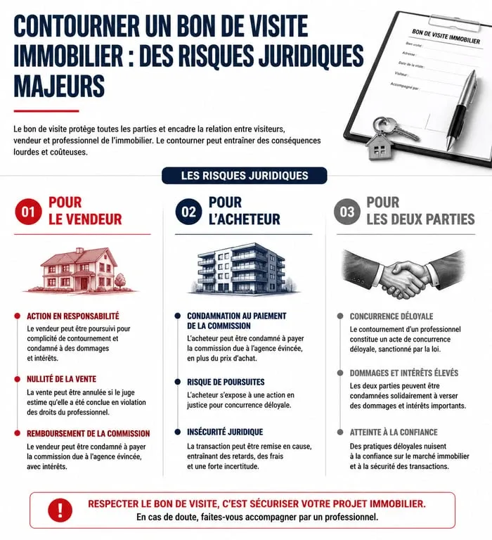 Infographie sur les risques juridiques liés à la durée de validité d'un bon de visite agence immobilière