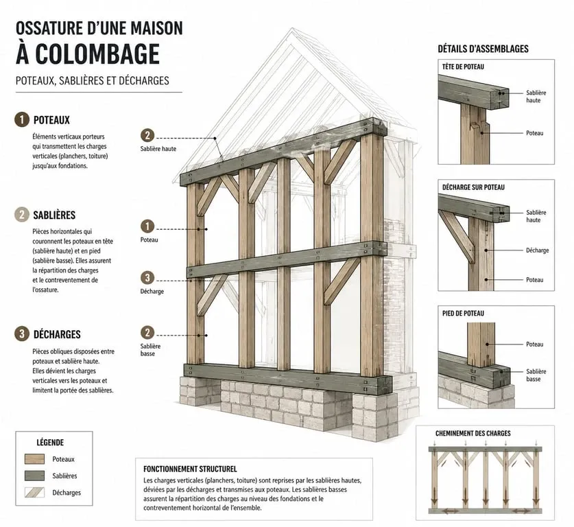 Schéma technique d'une ossature de maison à colombage