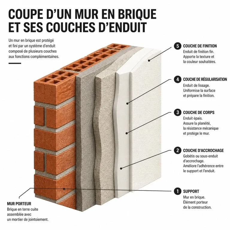 Schéma de coupe d'un enduit sur brique montrant les différentes couches de protection
