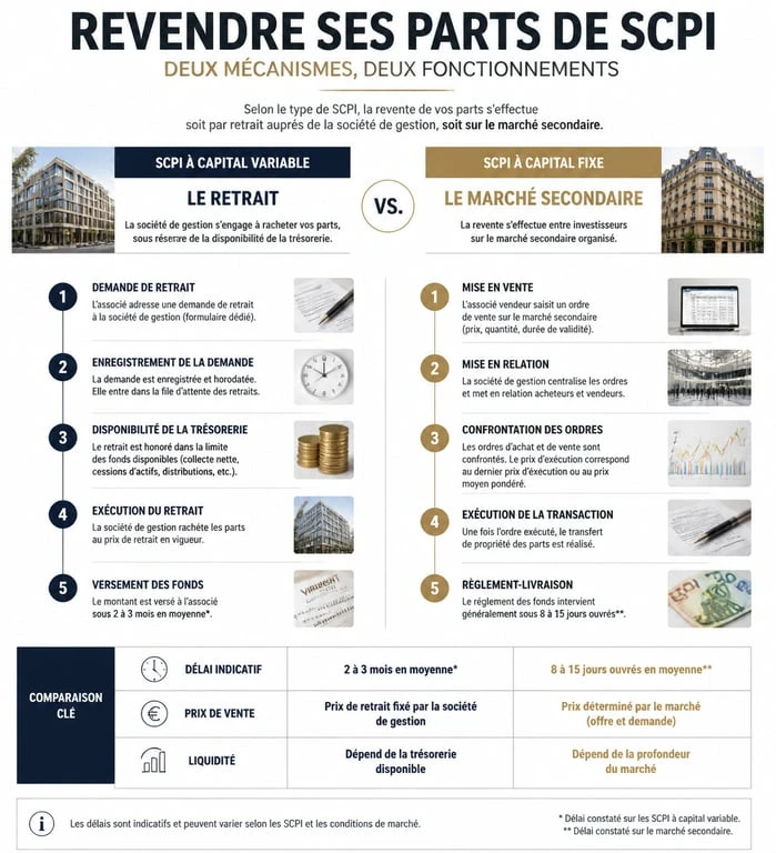 Infographie comparant les modes de revente de parts de SCPI : capital variable vs capital fixe pour réussir sa vente de SCPI.