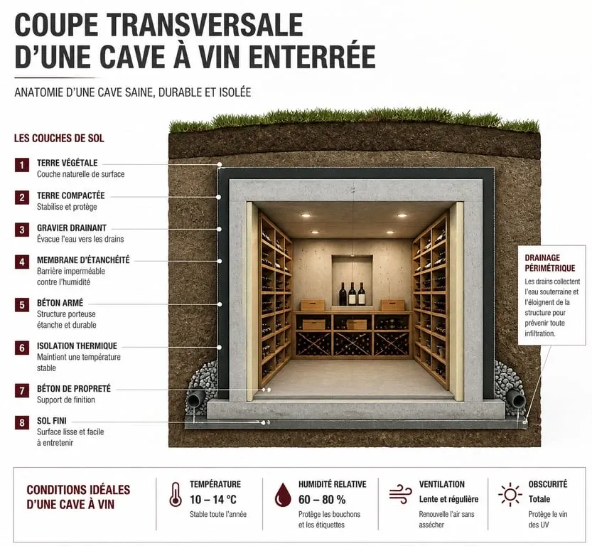 Infographie technique des étapes de construction et facteurs de prix d'une cave à vin enterrée