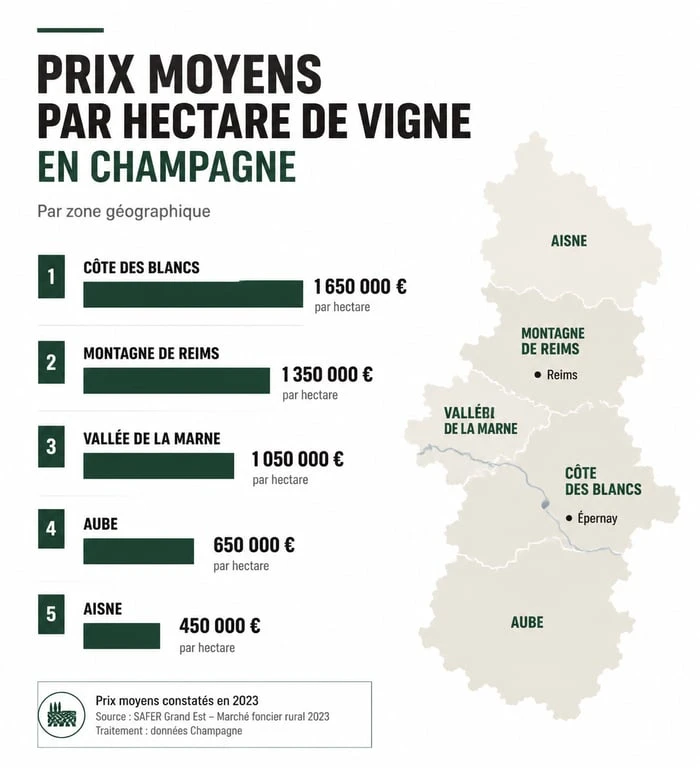 Infographie des prix moyens d'un hectare de vigne en Champagne par zone géographique