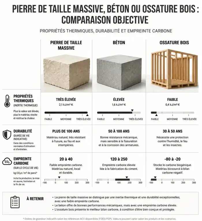 Infographie comparative des matériaux de construction : pierre de taille, béton et bois pour une maison en pierre de taille durable.