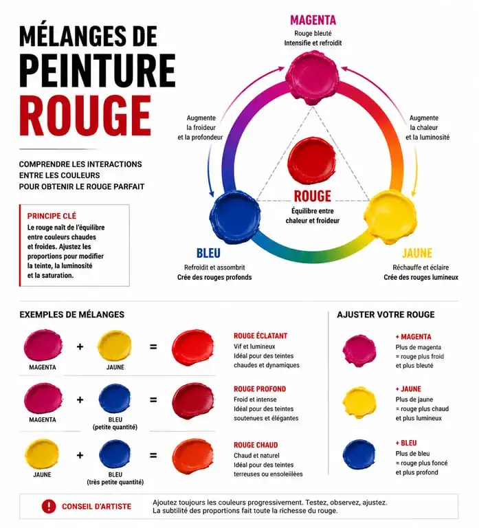 Infographie sur les mélanges de peinture rouge et les propriétés des pigments