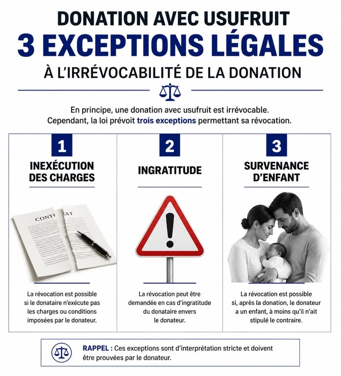 Infographie des trois exceptions légales à la révocation d'une donation avec réserve d'usufruit