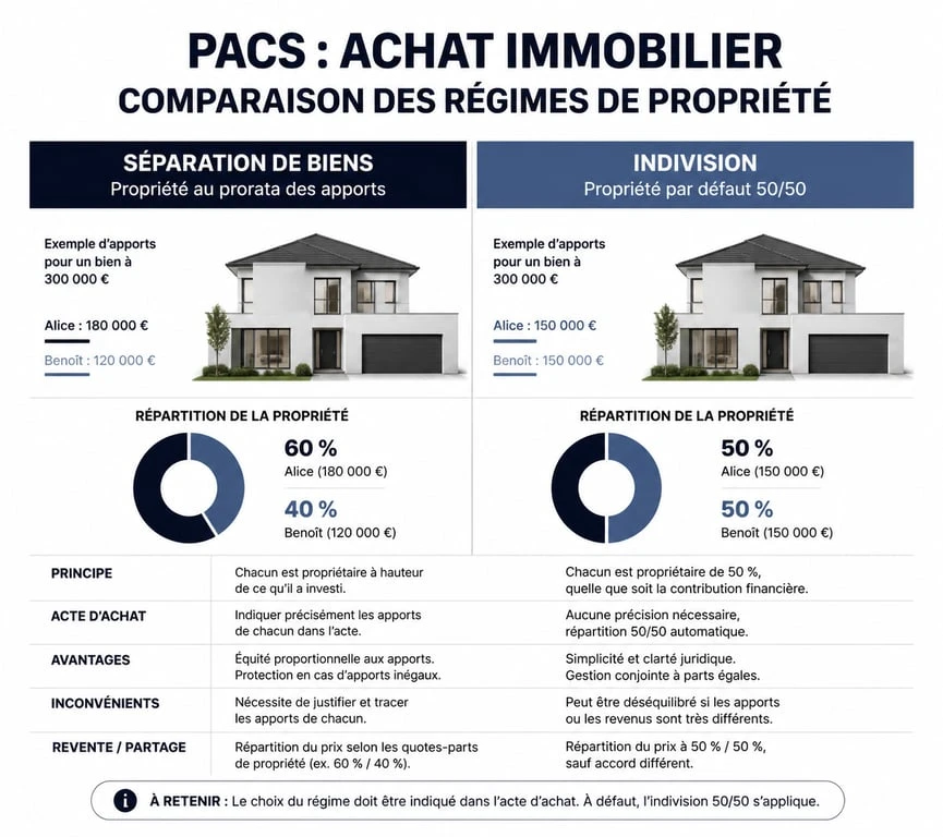Comparatif des régimes de propriété pour un achat immobilier en PACS : séparation de biens vs indivision