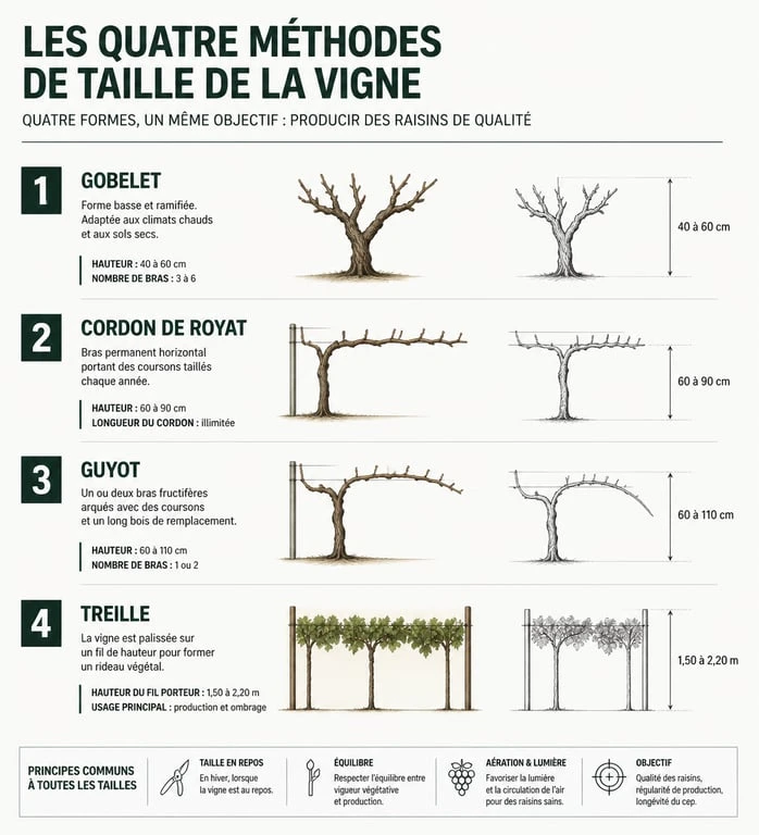 Schéma comparatif des méthodes de taille de la vigne : Gobelet, Cordon de Royat, Guyot et Treille pour optimiser la récolte.