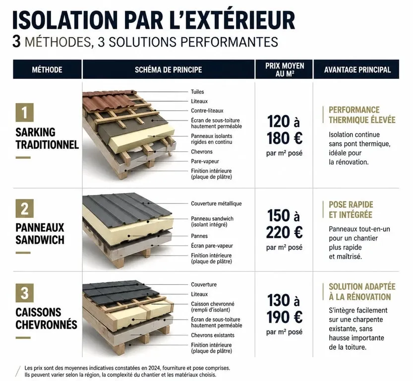 Infographie comparative des techniques d'isolation sarking prix m2 et avantages
