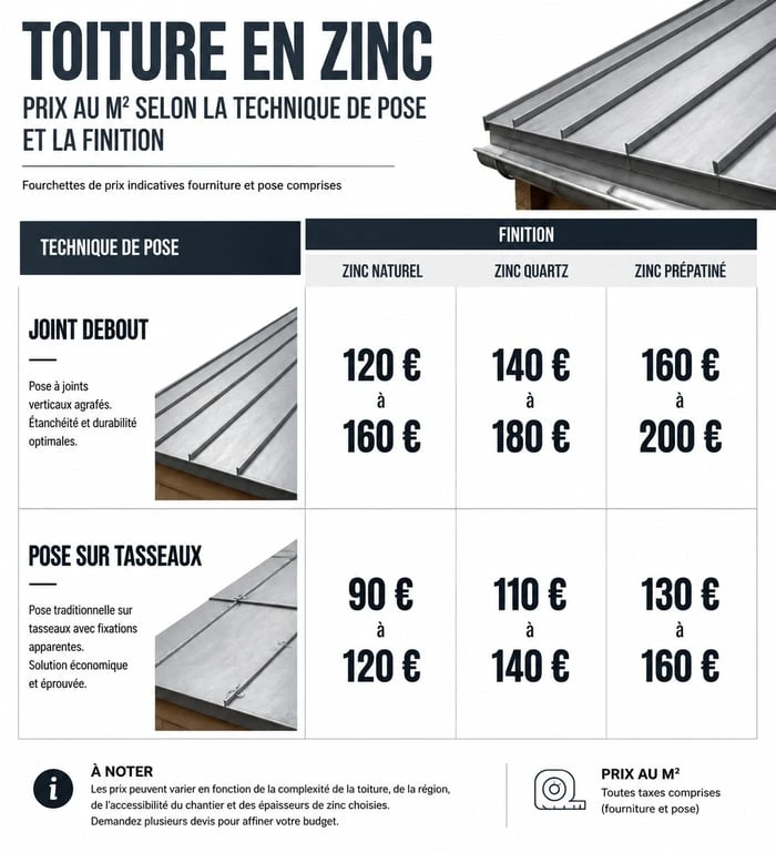 Infographie des prix au m² d'une toiture en zinc selon la technique de pose et la finition