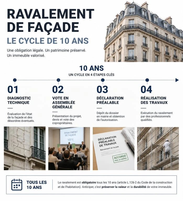 Infographie sur la périodicité et les étapes du ravalement de façade tous les 10 ans