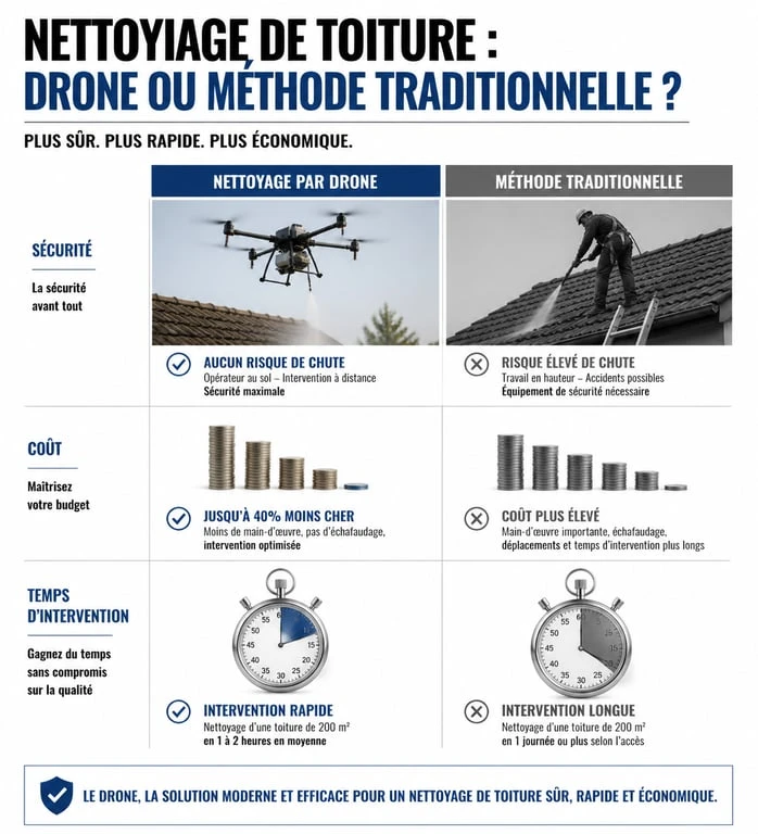 Comparatif nettoyage toiture par drone vs méthode traditionnelle