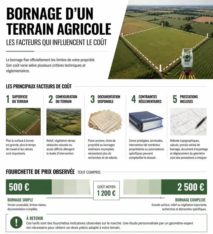 Infographie des tarifs de bornage d'un terrain agricole par un géomètre-expert