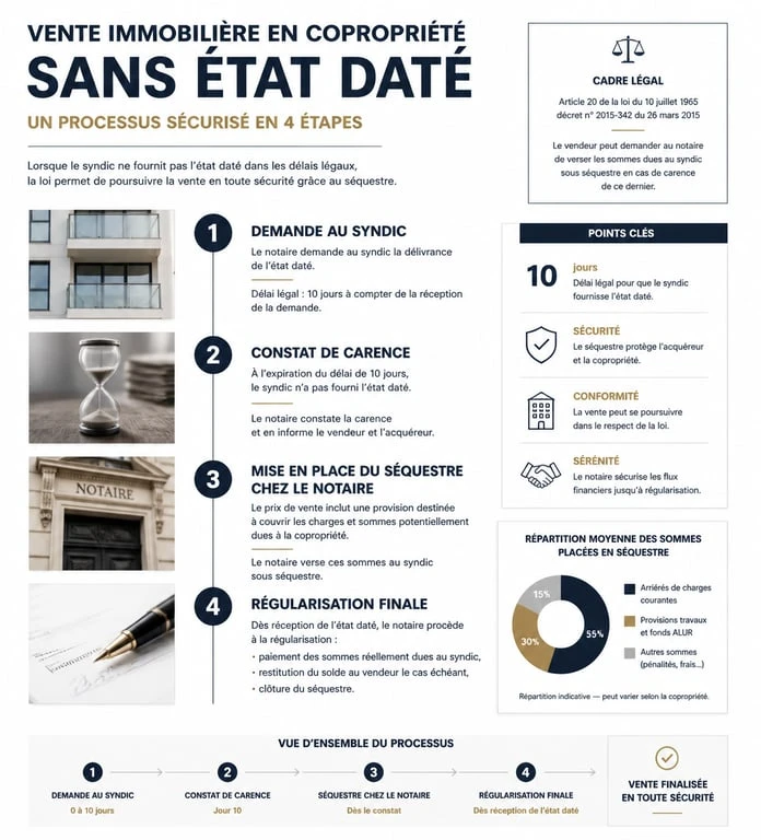 Schéma du processus de vente immobilière sans état daté avec mise en place d'un séquestre notarié