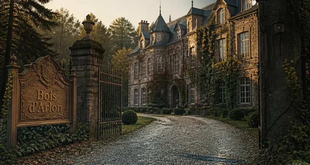 Château du bois d'Arlon, façade en pierre et allée de gravier