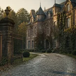 Château du bois d'Arlon, façade en pierre et allée de gravier