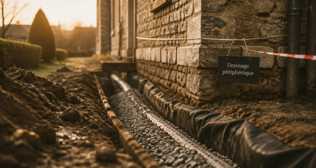Drainage maison ancienne prix : tranchée près des fondations, tuyau perforé