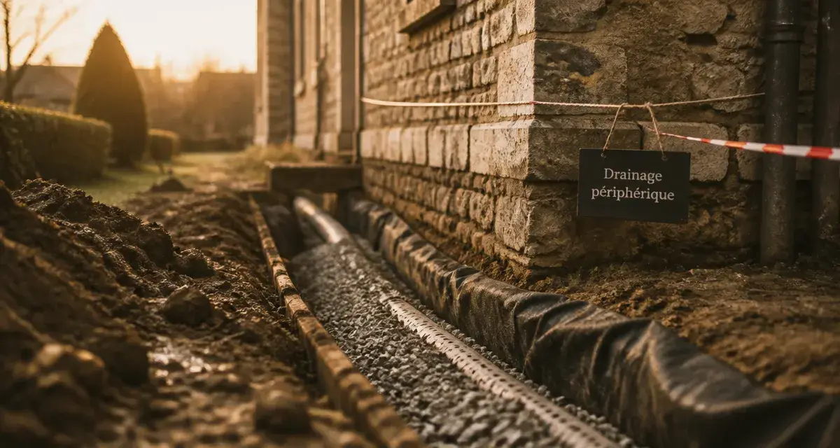 Drainage maison ancienne prix : tranchée près des fondations, tuyau perforé