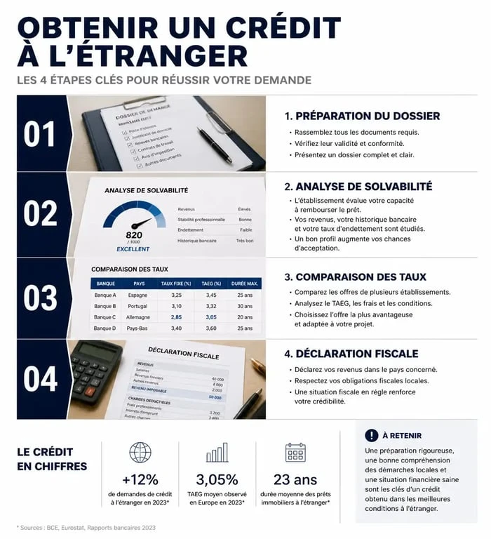 Infographie sur les étapes pour obtenir un crédit étranger et gérer ses obligations fiscales