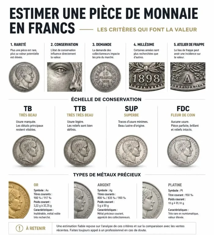 Infographie des critères d'estimation des pièces en francs pour les collectionneurs